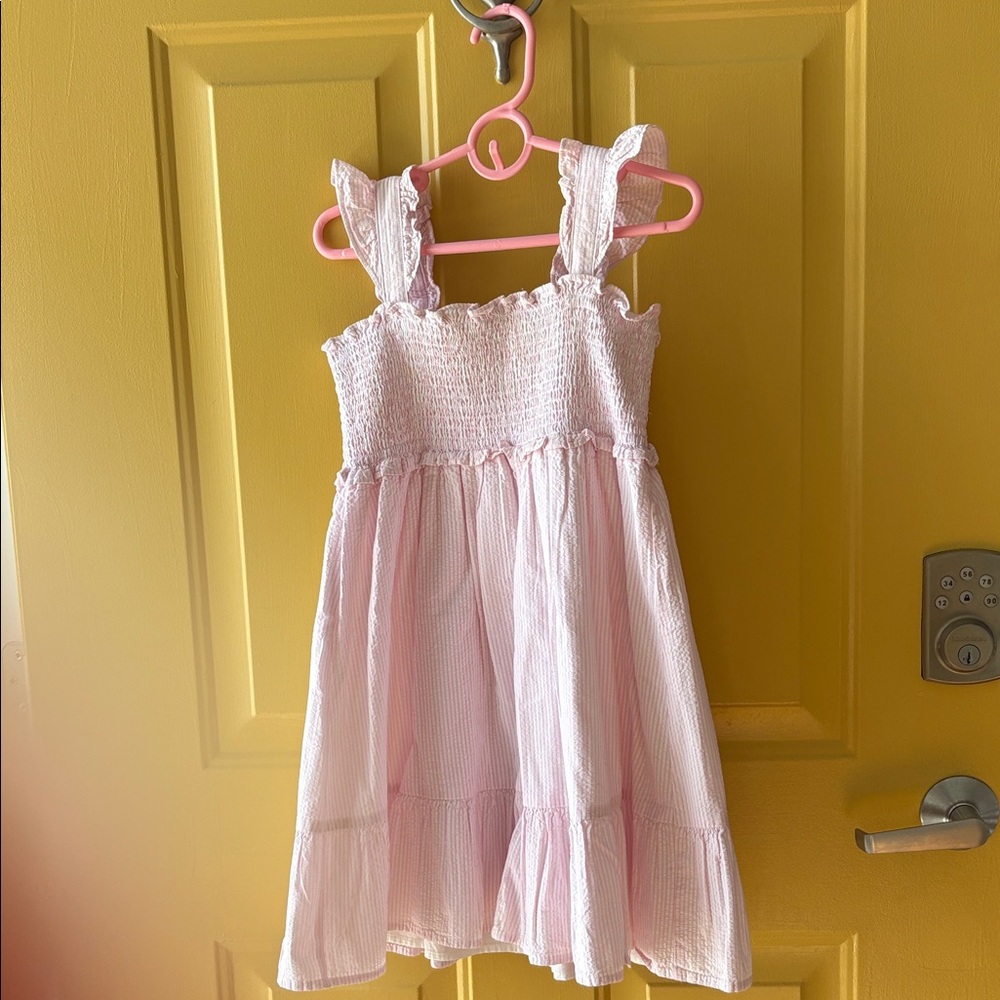 Janie and Jack, pink and white classic seersucker CUTEST Ruffled  Dress 8